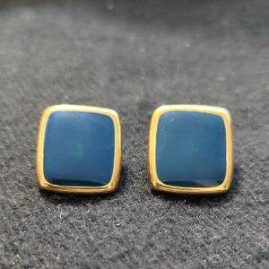 Vintage Gold Tone Blue Enamel Rectangular Stud Style Statement Earrings